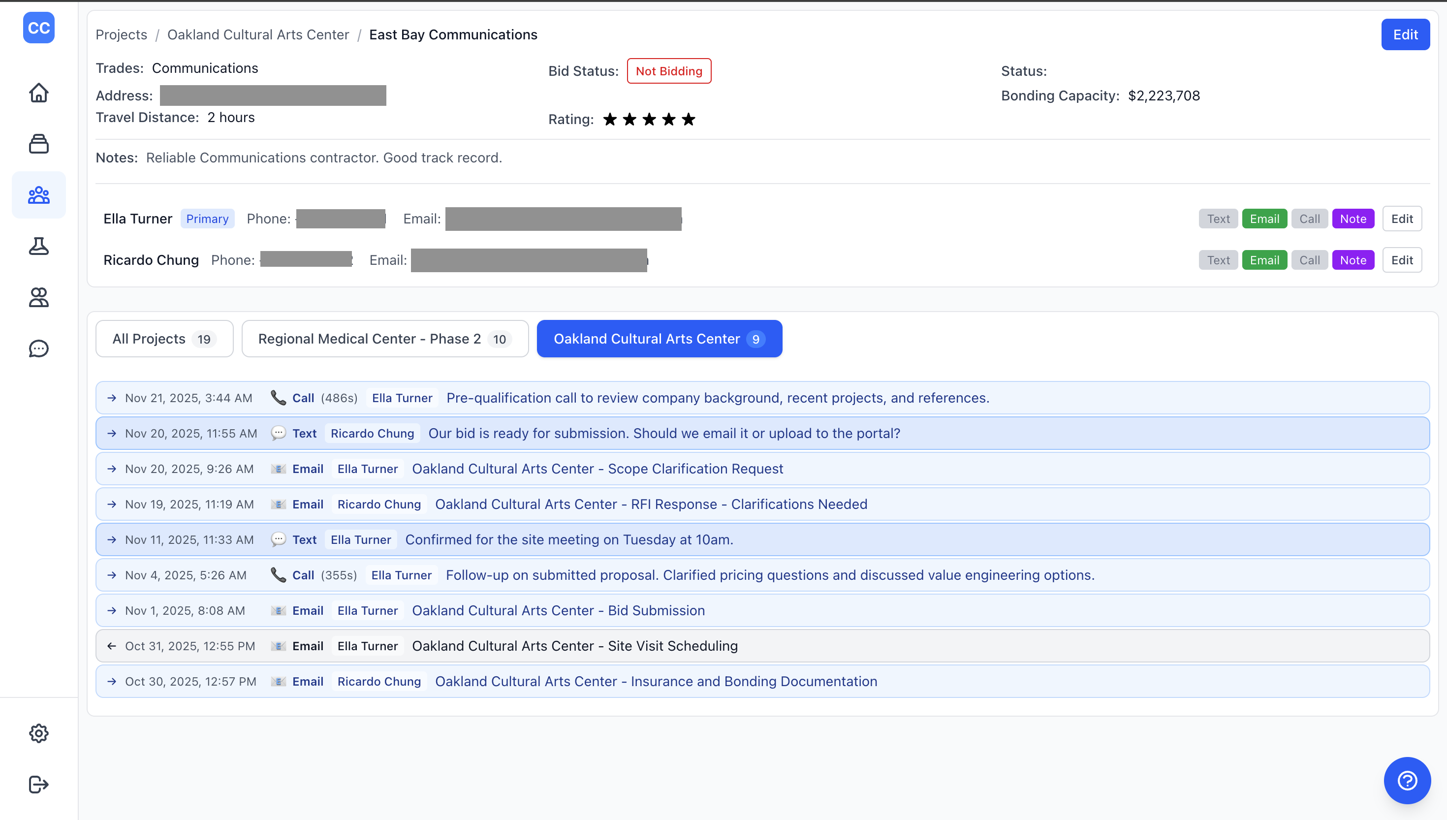 Comms Center app showing unified communications organized by contact and project